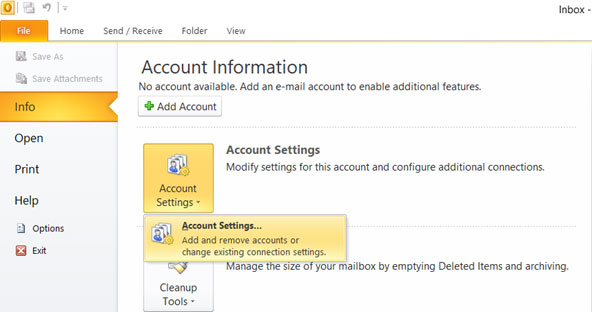 Setup HOTMAIL.CO.UK email account on your Outlook 2010 Manual Step 1