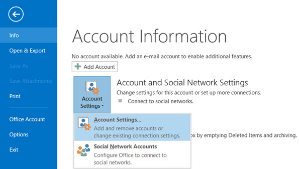 Setup YANDEX.COM email account on your Outlook 2013 Manual Step 1