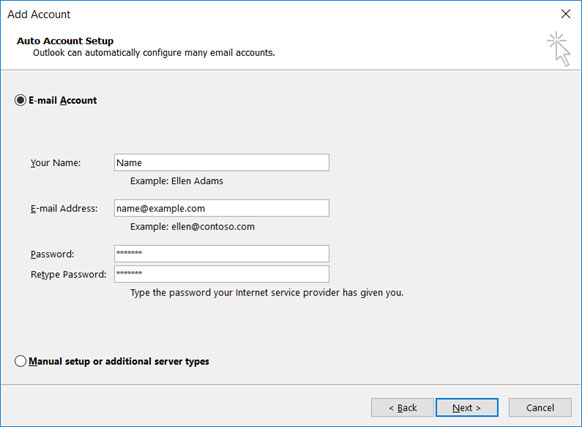 Setup GBTA.NET email account on your Outlook 2016 Step 2