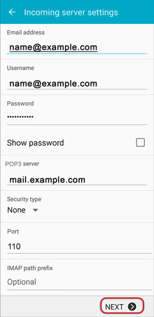 Setup MAILC.NET email account on your Android Phone Step 3