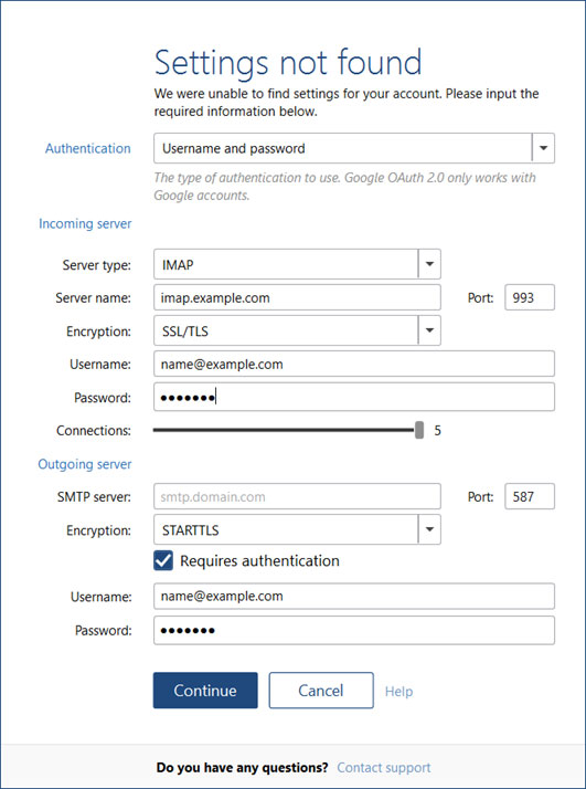 Setup WANS.NET email account on your MailBird Lite Step 5